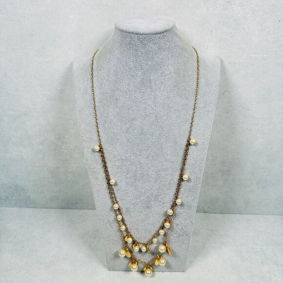 J. Crew Necklace Layered Charm Beaded Faux Pearl Gold Tone 36" Elegant Modern - Picture 4 of 8